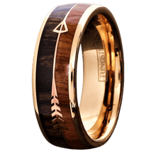 Load image into Gallery viewer, Tungsten Rings for Men Wedding Bands for Him Womens Wedding Bands for Her 8mm Rose Gold Arrow with Wood - Jewelry Store by Erik Rayo
