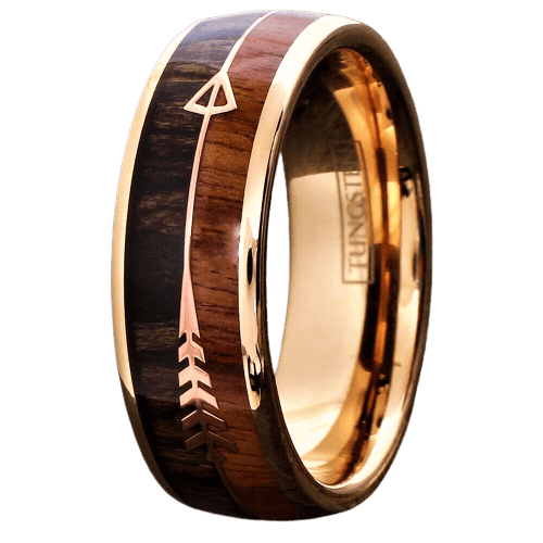 Men's Wedding Band Ring - Rose Gold Arrow with Wood Inlay - Women's & Men's Wedding Rings