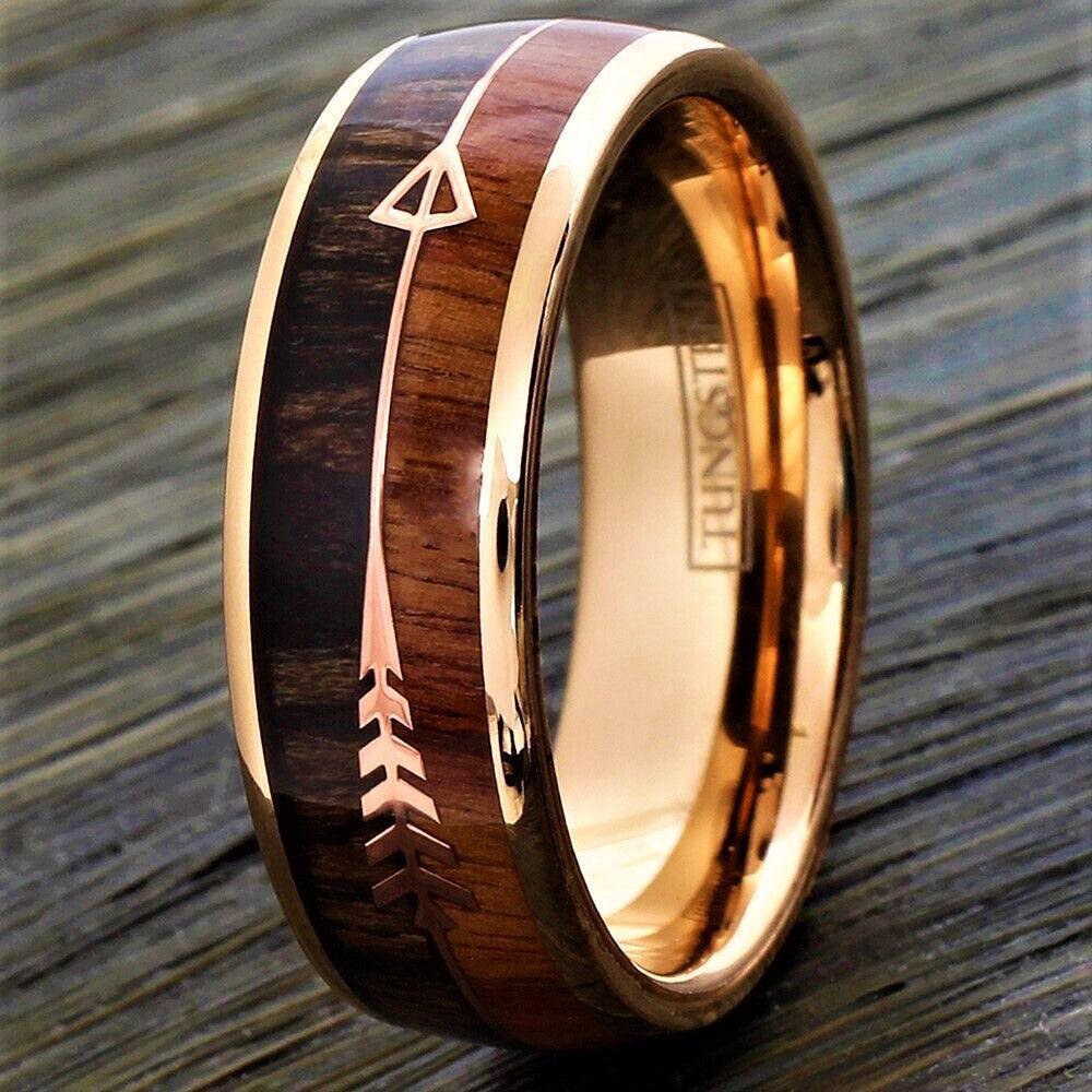 Tungsten Rings for Men Wedding Bands for Him Womens Wedding Bands for Her 8mm Rose Gold Arrow with Wood - Jewelry Store by Erik Rayo