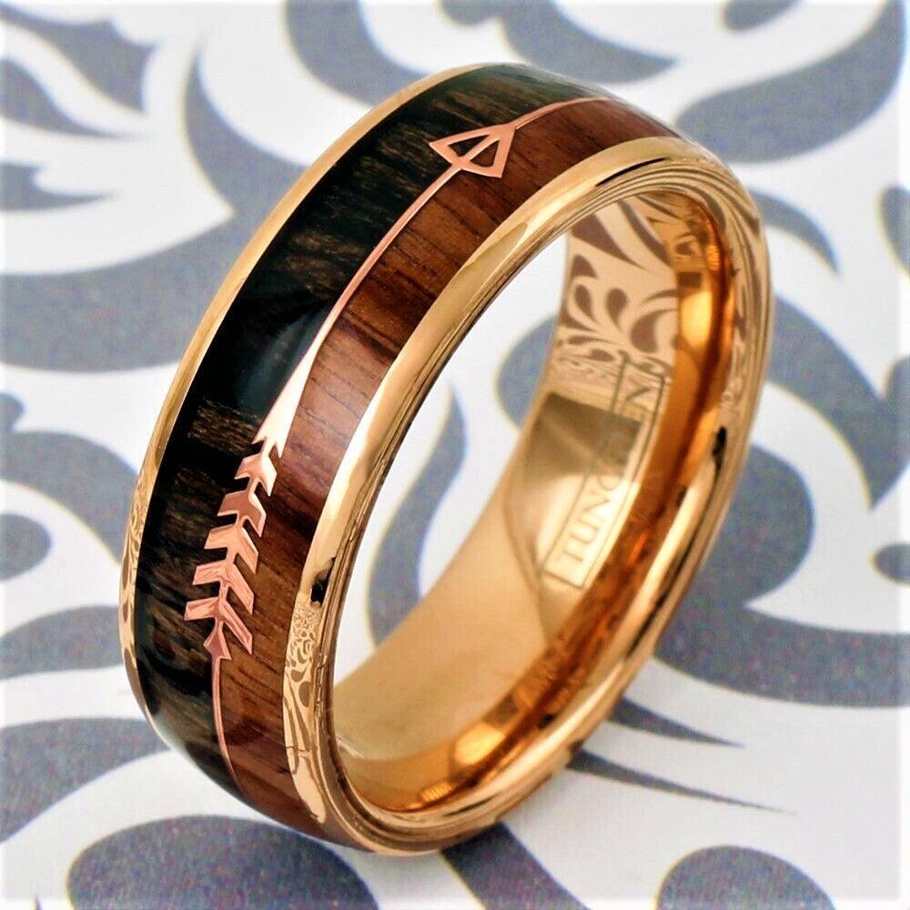 Tungsten Rings for Men Wedding Bands for Him Womens Wedding Bands for Her 8mm Rose Gold Arrow with Wood - Jewelry Store by Erik Rayo