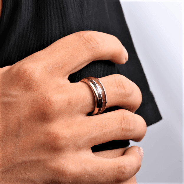 Tungsten Rings for Men Wedding Bands for Him Womens Wedding Bands for Her 8mm Rose Gold Arrow with Wood - Jewelry Store by Erik Rayo