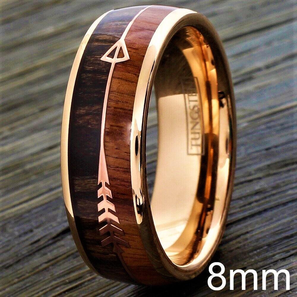 Tungsten Rings for Men Wedding Bands for Him Womens Wedding Bands for Her 8mm Rose Gold Arrow with Wood - Jewelry Store by Erik Rayo