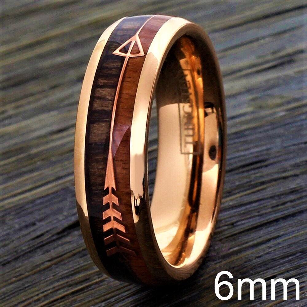 Tungsten Rings for Men Wedding Bands for Him Womens Wedding Bands for Her 8mm Rose Gold Arrow with Wood - Jewelry Store by Erik Rayo