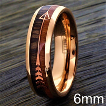 Load image into Gallery viewer, Tungsten Rings for Men Wedding Bands for Him Womens Wedding Bands for Her 8mm Rose Gold Arrow with Wood - Jewelry Store by Erik Rayo
