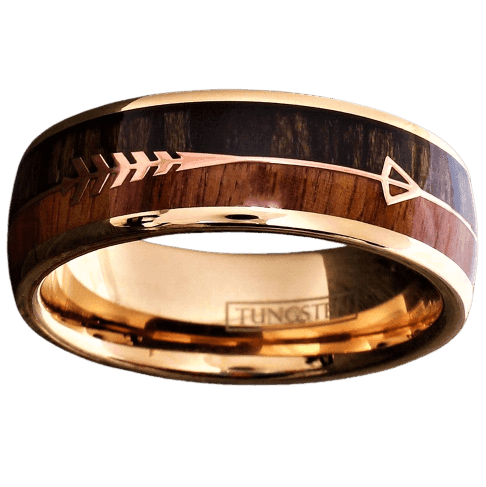 Tungsten Rings for Men Wedding Bands for Him Womens Wedding Bands for Her 8mm Rose Gold Arrow with Wood - Jewelry Store by Erik Rayo