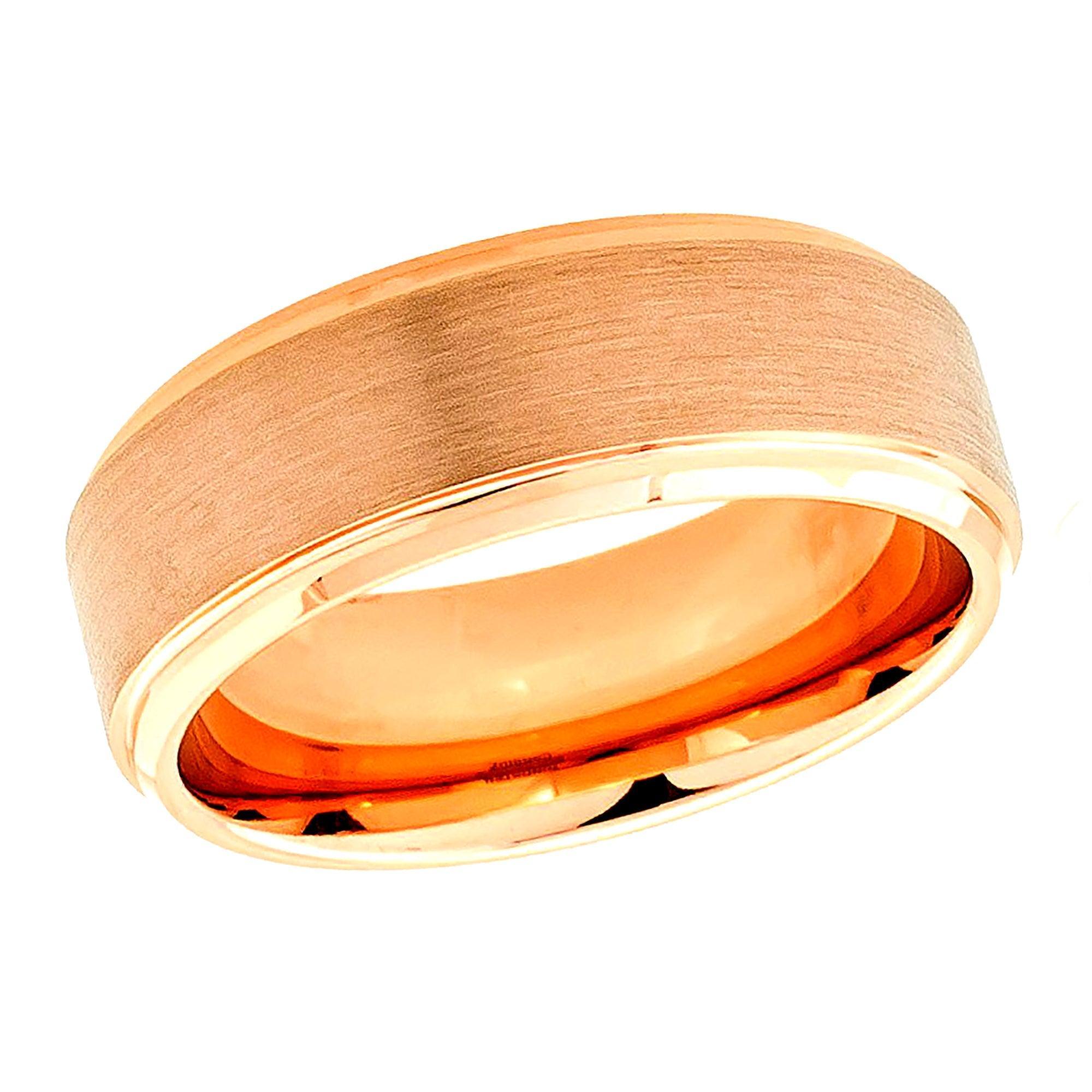 Tungsten Rings for Men Wedding Bands for Him Womens Wedding Bands for Her 8mm Rose Gold Brushed Center - Jewelry Store by Erik Rayo