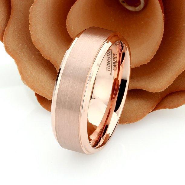 Tungsten Rings for Men Wedding Bands for Him Womens Wedding Bands for Her 8mm Rose Gold Brushed Center - Jewelry Store by Erik Rayo