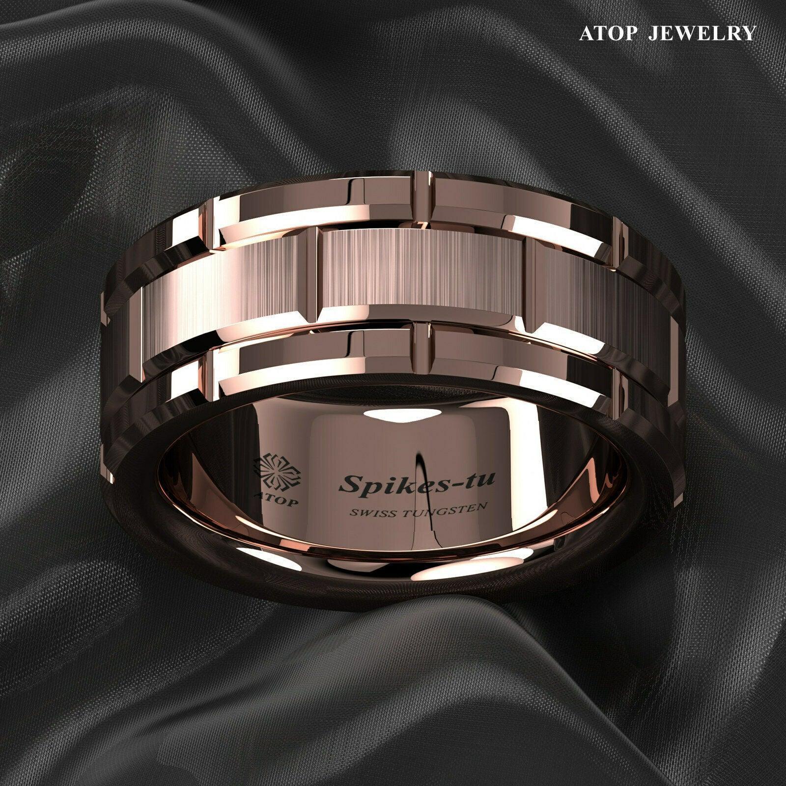 Tungsten Rings for Men Wedding Bands for Him Womens Wedding Bands for Her 8mm Rose Gold Bushed Brick Pattern - Jewelry Store by Erik Rayo