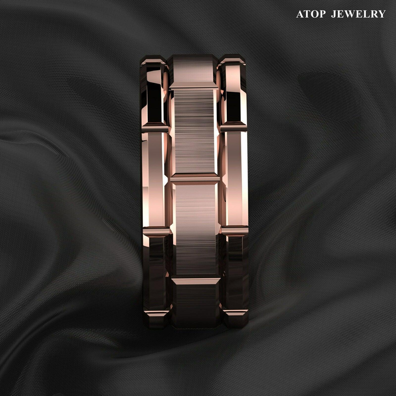 Tungsten Rings for Men Wedding Bands for Him Womens Wedding Bands for Her 8mm Rose Gold Bushed Brick Pattern - Jewelry Store by Erik Rayo