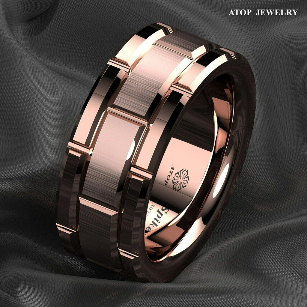 Tungsten Rings for Men Wedding Bands for Him Womens Wedding Bands for Her 8mm Rose Gold Bushed Brick Pattern - Jewelry Store by Erik Rayo