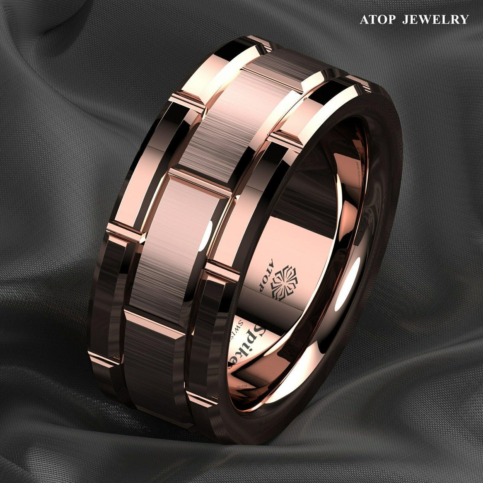 Tungsten Rings for Men Wedding Bands for Him Womens Wedding Bands for Her 8mm Rose Gold Bushed Brick Pattern - Jewelry Store by Erik Rayo
