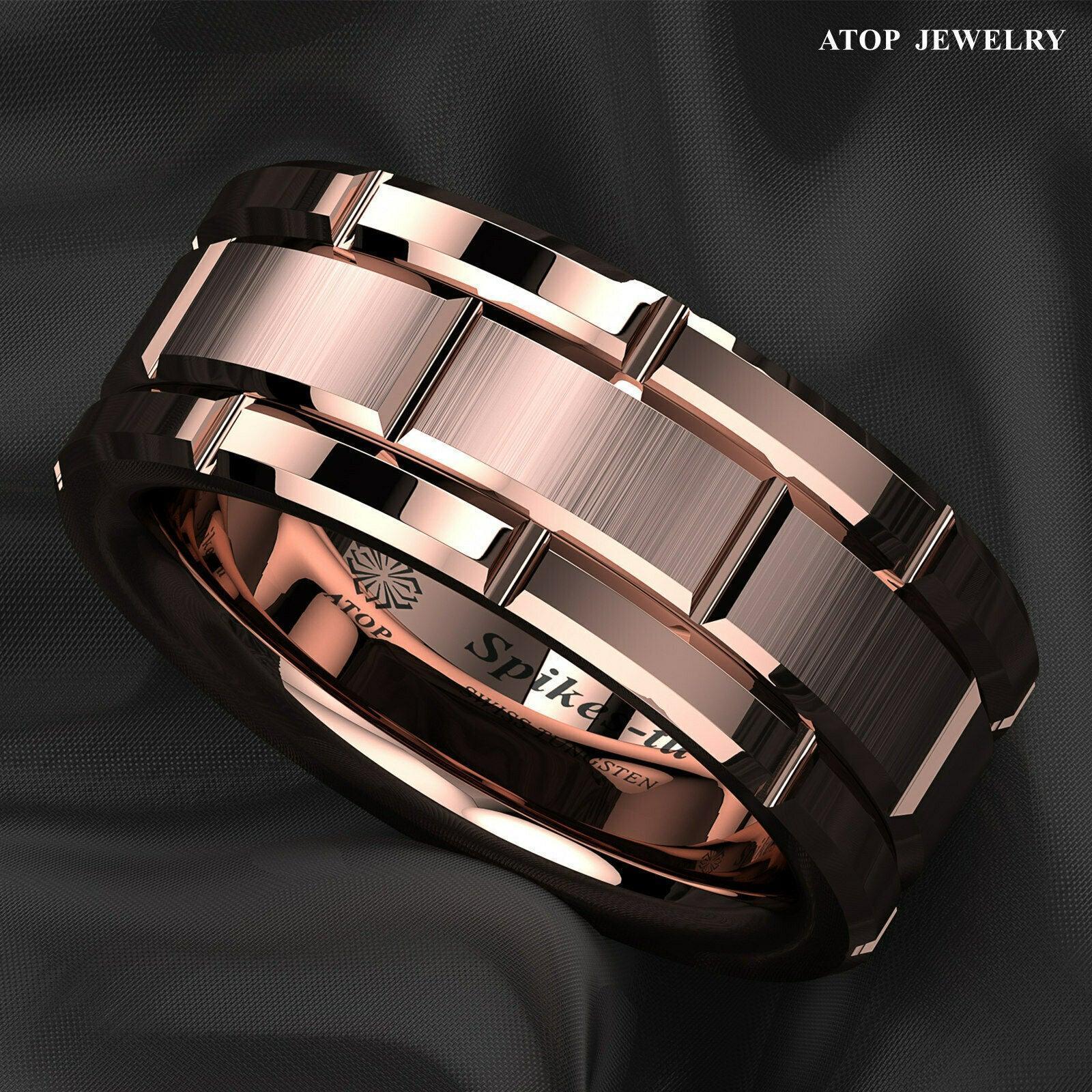 Tungsten Rings for Men Wedding Bands for Him Womens Wedding Bands for Her 8mm Rose Gold Bushed Brick Pattern - Jewelry Store by Erik Rayo