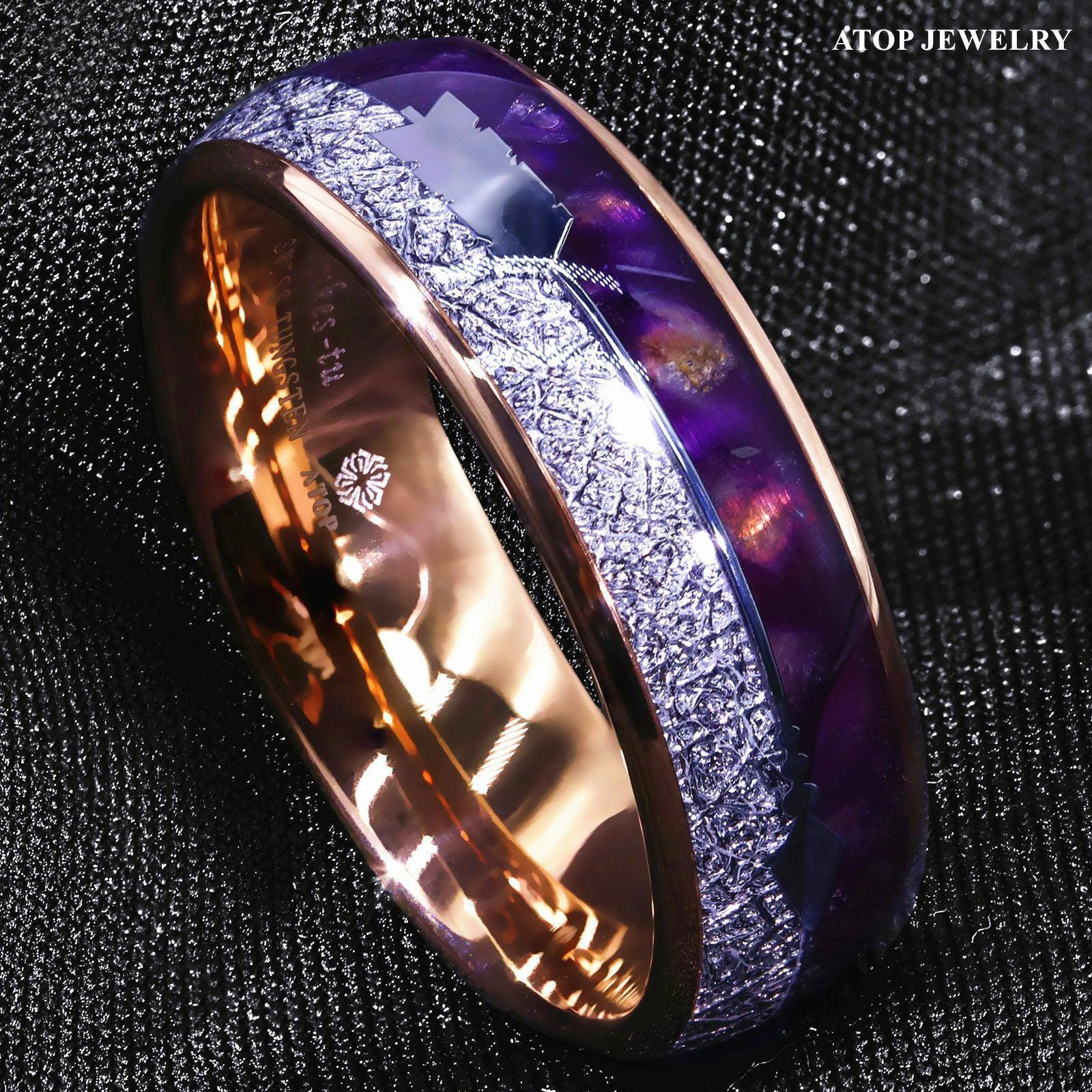 Tungsten Rings for Men Wedding Bands for Him Womens Wedding Bands for Her 8mm Rose Gold Purple Agate Meteorite Arrow - Jewelry Store by Erik Rayo