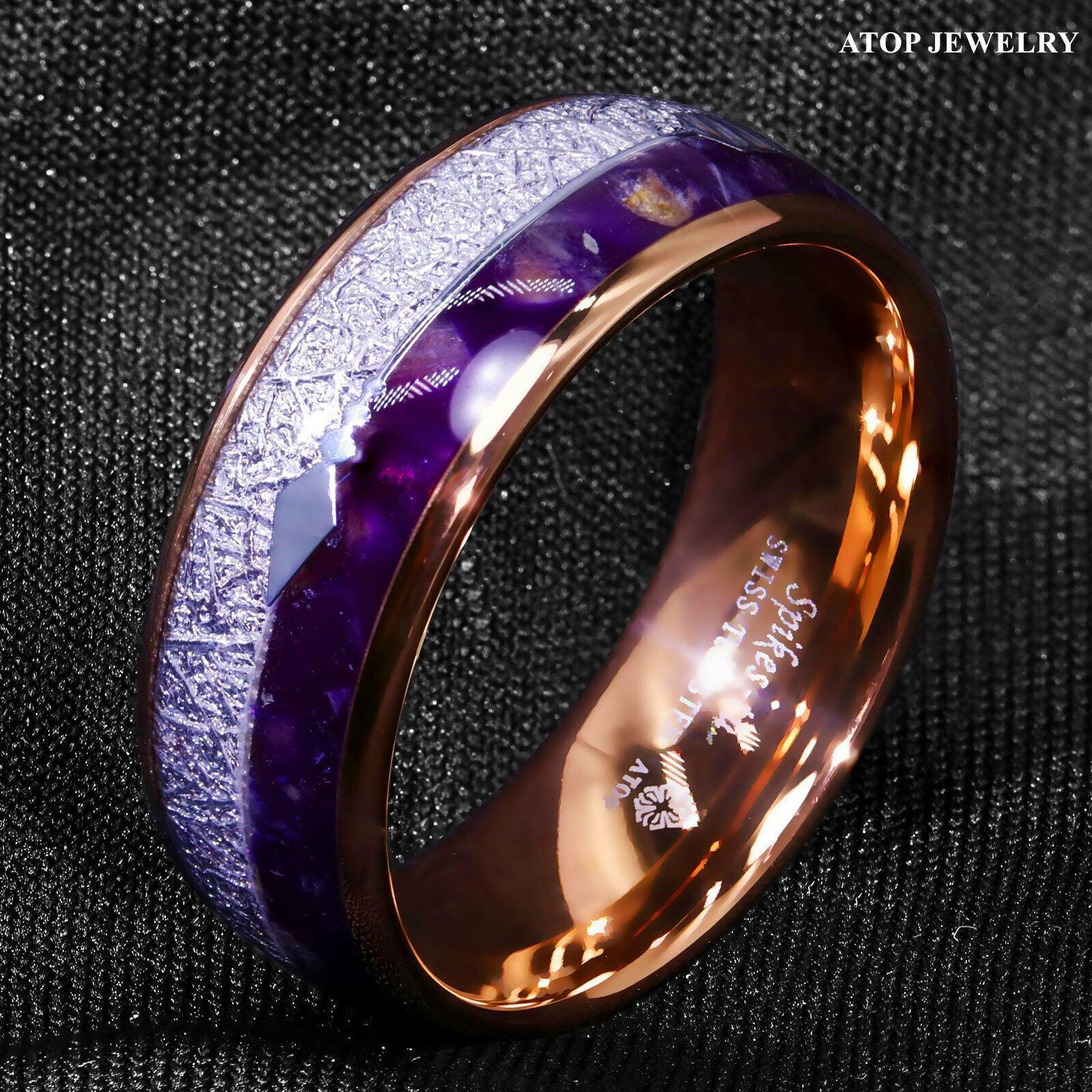 Tungsten Rings for Men Wedding Bands for Him Womens Wedding Bands for Her 8mm Rose Gold Purple Agate Meteorite Arrow - Jewelry Store by Erik Rayo