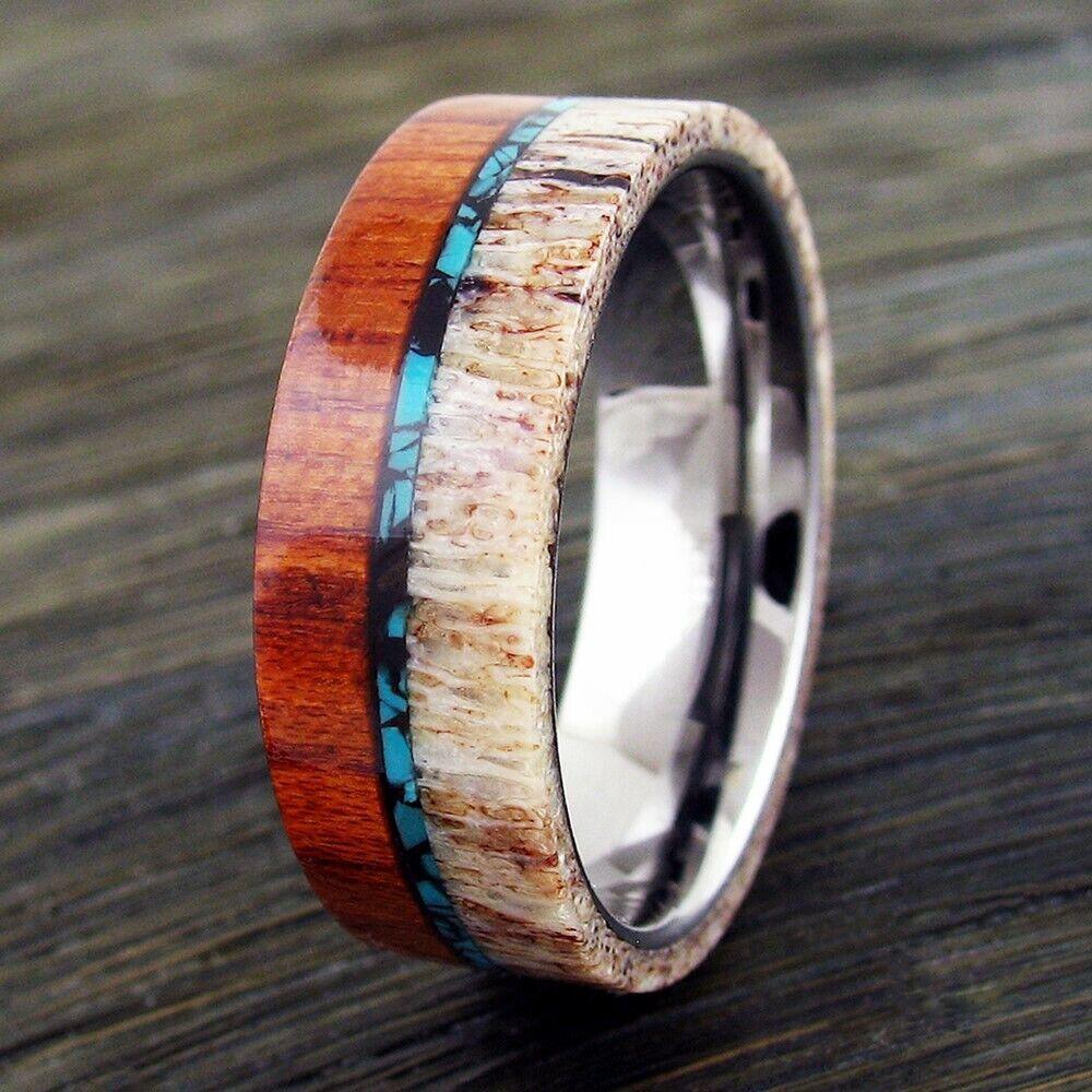 Tungsten Rings for Men Wedding Bands for Him Womens Wedding Bands for Her 8mm Sandalwood With Deer Antler and Turquoise - Jewelry Store by Erik Rayo