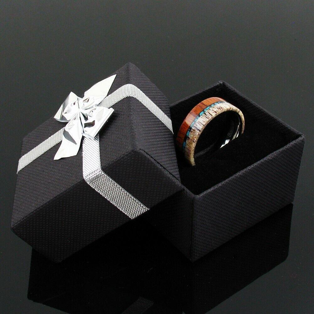 Tungsten Rings for Men Wedding Bands for Him Womens Wedding Bands for Her 8mm Sandalwood With Deer Antler and Turquoise - Jewelry Store by Erik Rayo