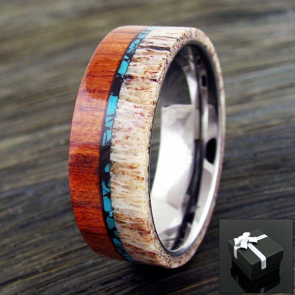Tungsten Rings for Men Wedding Bands for Him Womens Wedding Bands for Her 8mm Sandalwood With Deer Antler and Turquoise - Jewelry Store by Erik Rayo