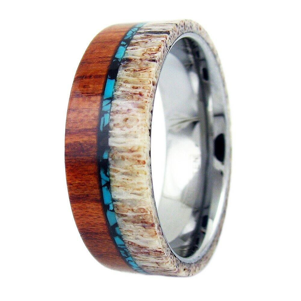 Tungsten Rings for Men Wedding Bands for Him Womens Wedding Bands for Her 8mm Sandalwood With Deer Antler and Turquoise - Jewelry Store by Erik Rayo