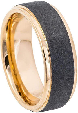 Men's Wedding Band Ring - Sandblasted Finish Center Stepped Edge Rose Gold - Wedding Rings for Men and Women