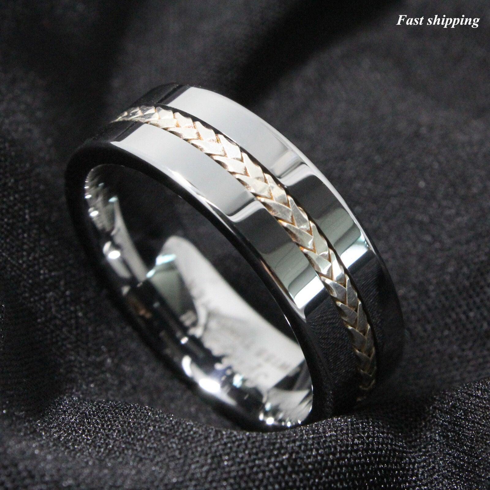 Tungsten Rings for Men Wedding Bands for Him Womens Wedding Bands for Her 8mm Silver Braid Inlay Wedding Band - Jewelry Store by Erik Rayo