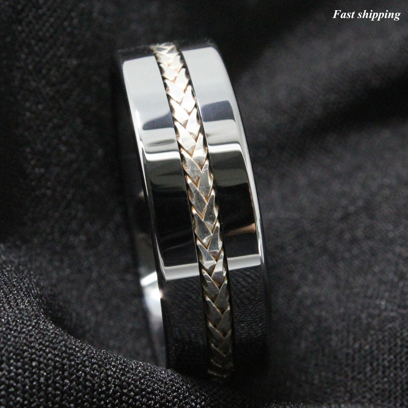Tungsten Rings for Men Wedding Bands for Him Womens Wedding Bands for Her 8mm Silver Braid Inlay Wedding Band - Jewelry Store by Erik Rayo