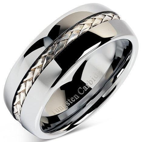 Tungsten Rings for Men Wedding Bands for Him Womens Wedding Bands for Her 8mm Silver Braid Inlay Wedding Band - Jewelry Store by Erik Rayo