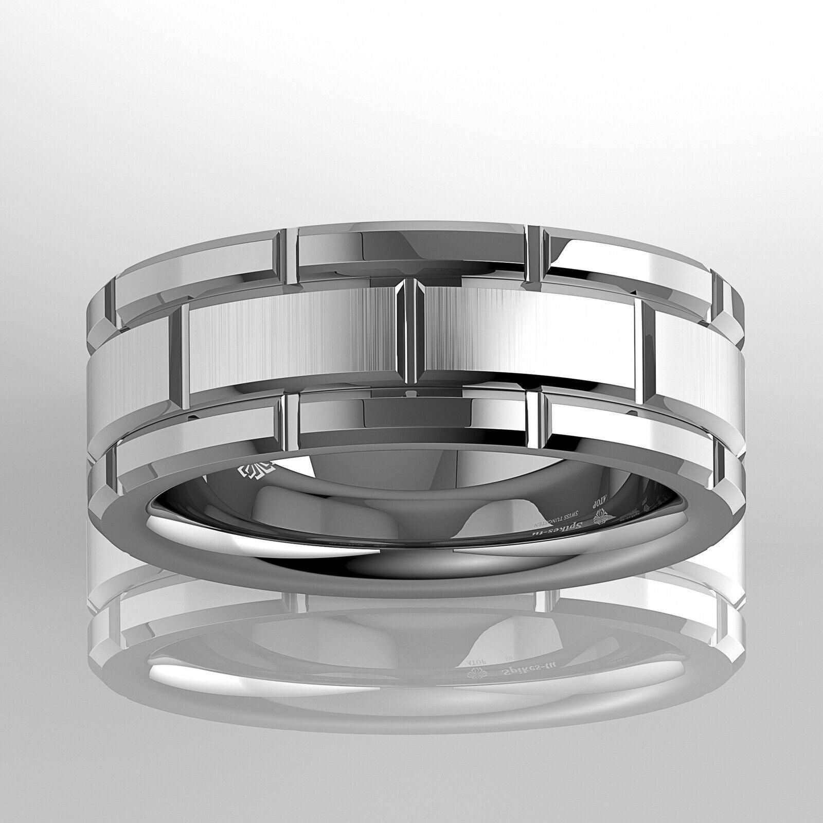 Tungsten Rings for Men Wedding Bands for Him Womens Wedding Bands for Her 8mm Silver Brick Pattern Size 6-13 - Jewelry Store by Erik Rayo