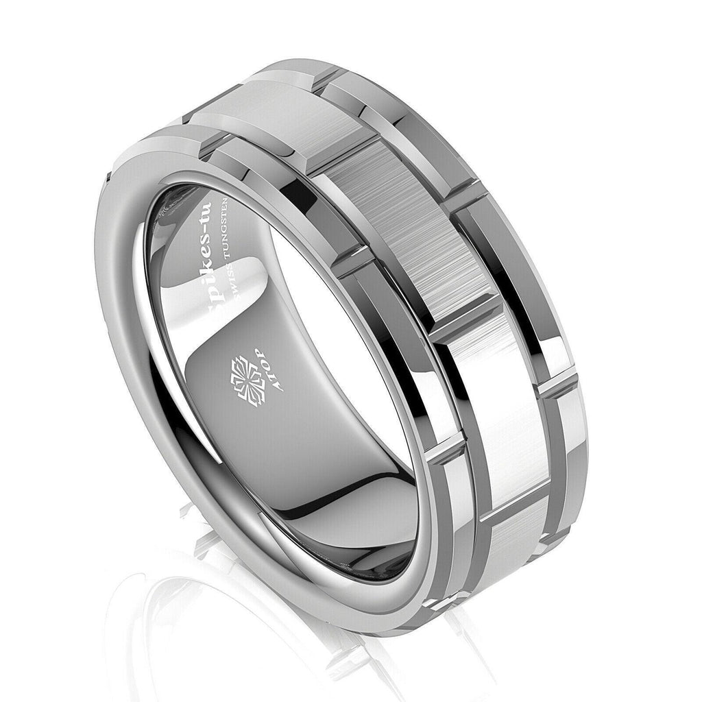 Tungsten Rings for Men Wedding Bands for Him Womens Wedding Bands for Her 8mm Silver Brick Pattern Size 6-13 - Jewelry Store by Erik Rayo