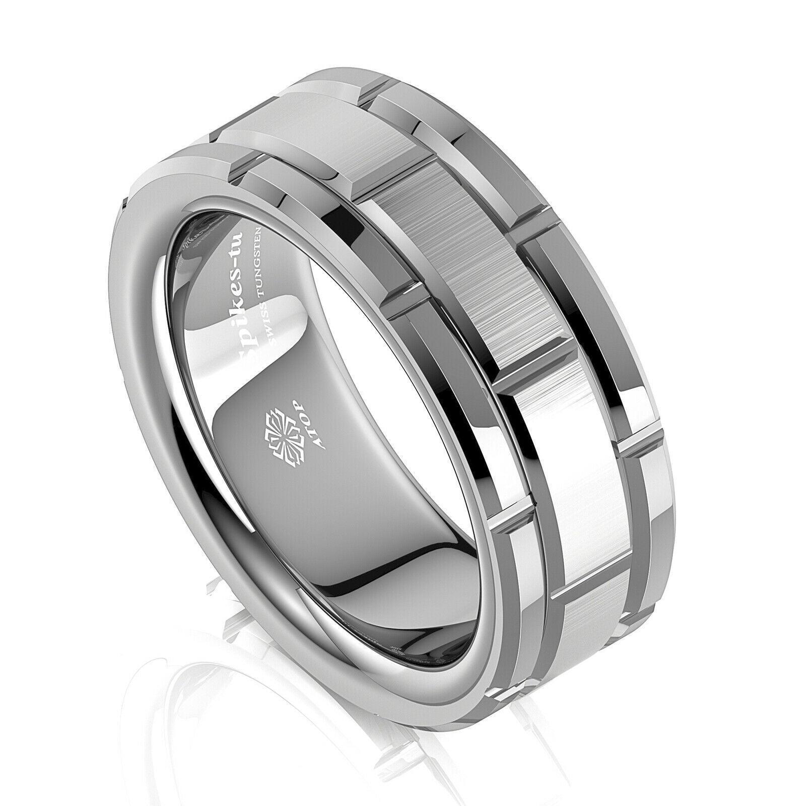 Tungsten Rings for Men Wedding Bands for Him Womens Wedding Bands for Her 8mm Silver Brick Pattern Size 6-13 - Jewelry Store by Erik Rayo