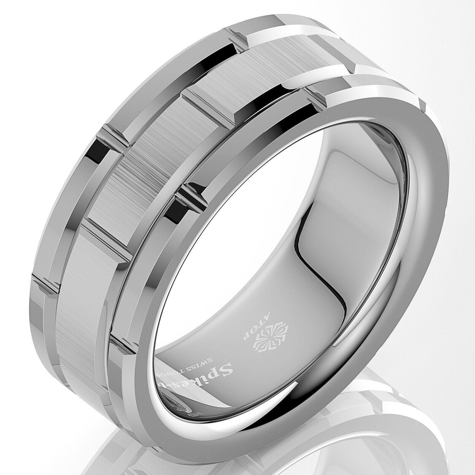 Tungsten Rings for Men Wedding Bands for Him Womens Wedding Bands for Her 8mm Silver Brick Pattern Size 6-13 - Jewelry Store by Erik Rayo