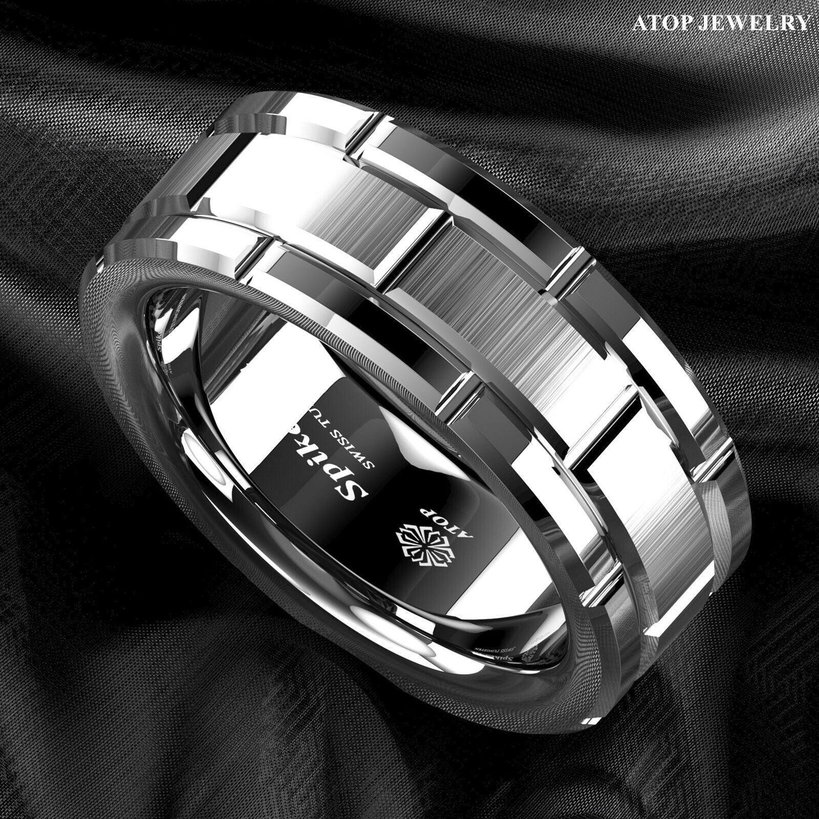 Tungsten Rings for Men Wedding Bands for Him Womens Wedding Bands for Her 8mm Silver Brick Pattern Size 6-13 - Jewelry Store by Erik Rayo