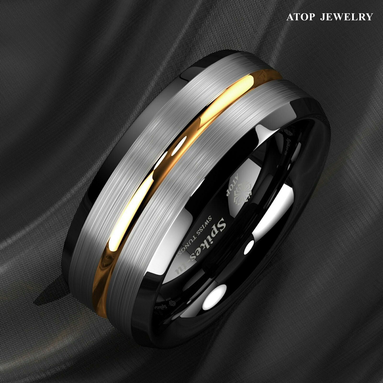 Mens Wedding Band Rings for Men Wedding Rings for Womens / Mens Rings Silver Brushed Black Edge Gold Stripe - Jewelry Store by Erik Rayo
