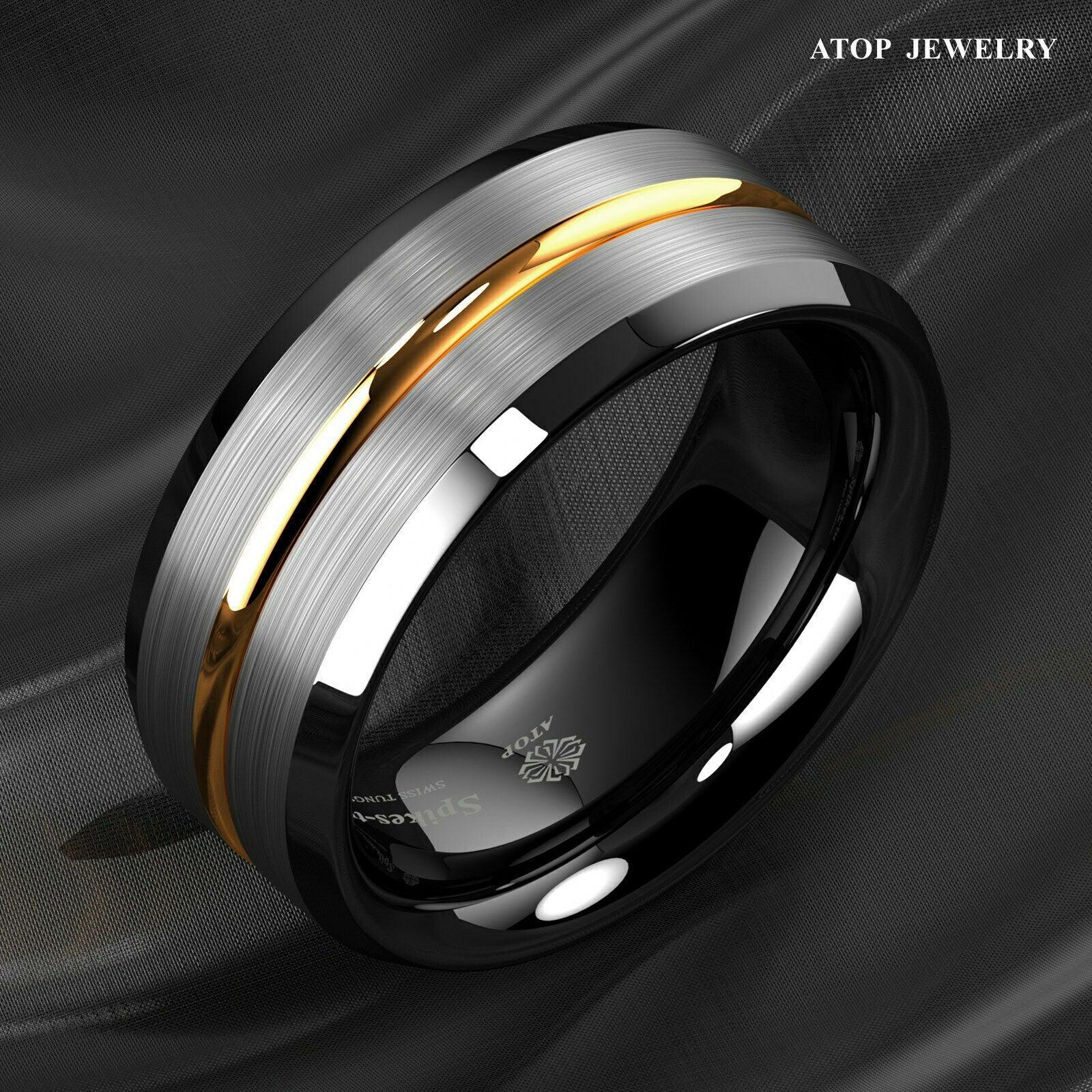 Mens Wedding Band Rings for Men Wedding Rings for Womens / Mens Rings Silver Brushed Black Edge Gold Stripe - Jewelry Store by Erik Rayo
