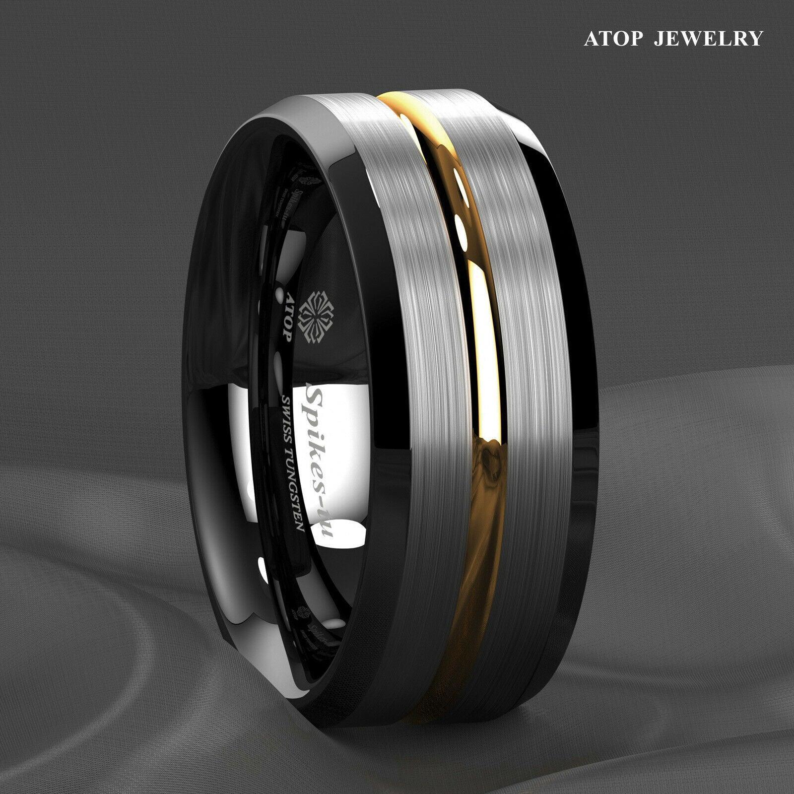 Mens Wedding Band Rings for Men Wedding Rings for Womens / Mens Rings Silver Brushed Black Edge Gold Stripe - Jewelry Store by Erik Rayo