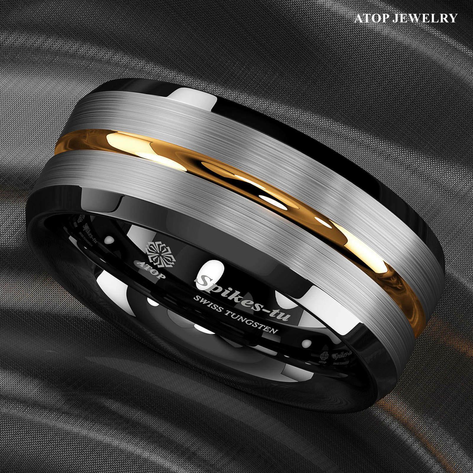 Mens Wedding Band Rings for Men Wedding Rings for Womens / Mens Rings Silver Brushed Black Edge Gold Stripe - Jewelry Store by Erik Rayo
