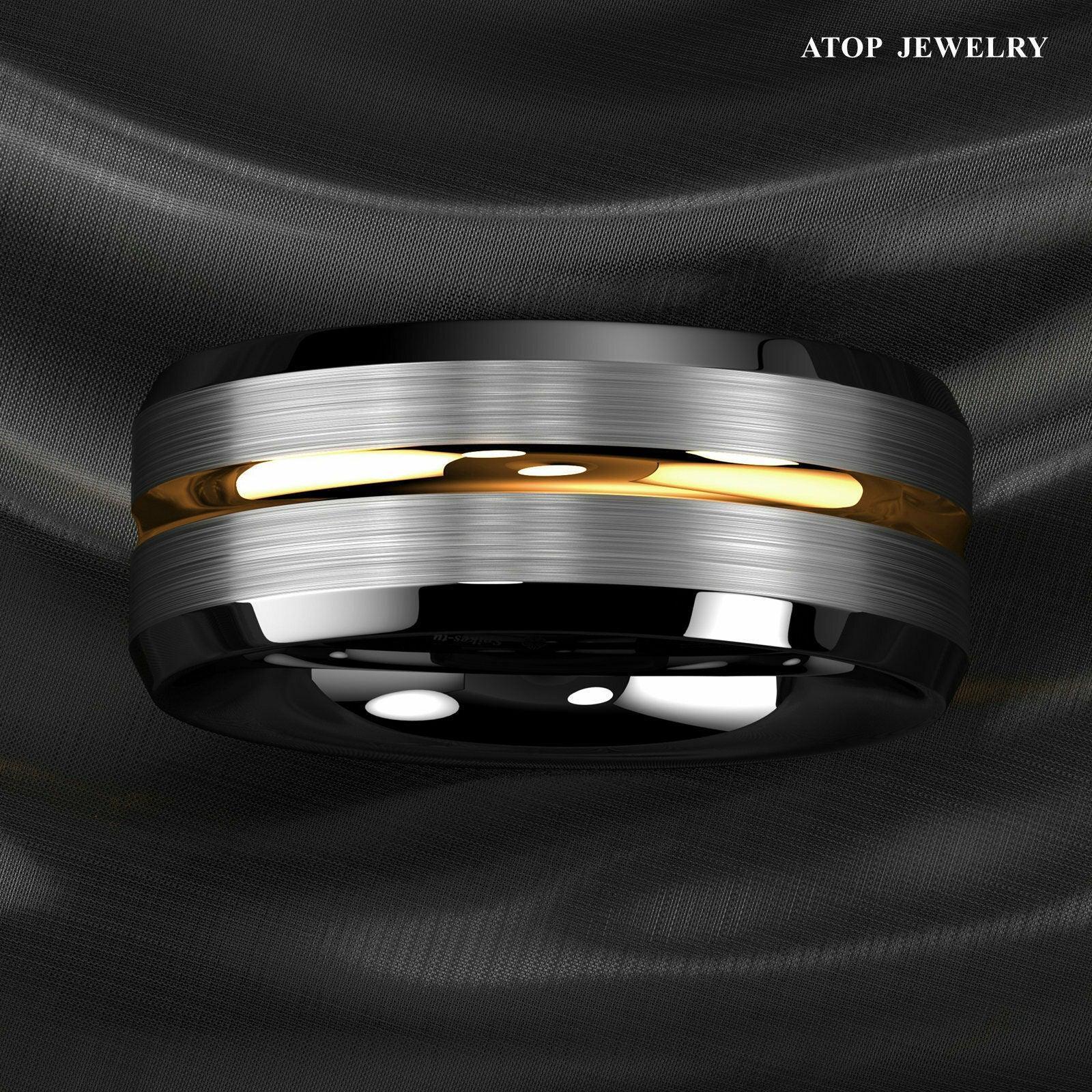 Mens Wedding Band Rings for Men Wedding Rings for Womens / Mens Rings Silver Brushed Black Edge Gold Stripe - Jewelry Store by Erik Rayo