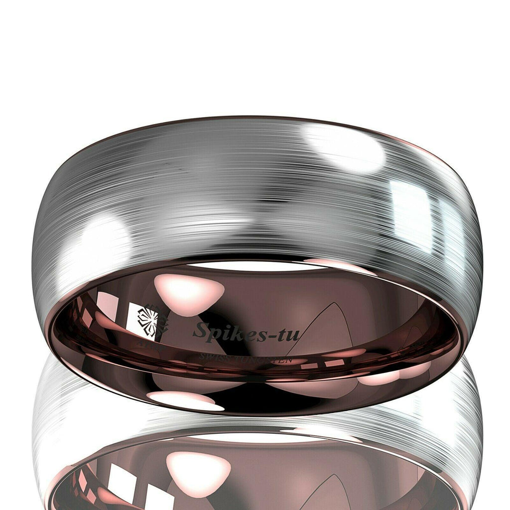 Tungsten Rings for Men Wedding Bands for Him Womens Wedding Bands for Her 8mm Silver Brushed Rose Gold Inlay - Jewelry Store by Erik Rayo