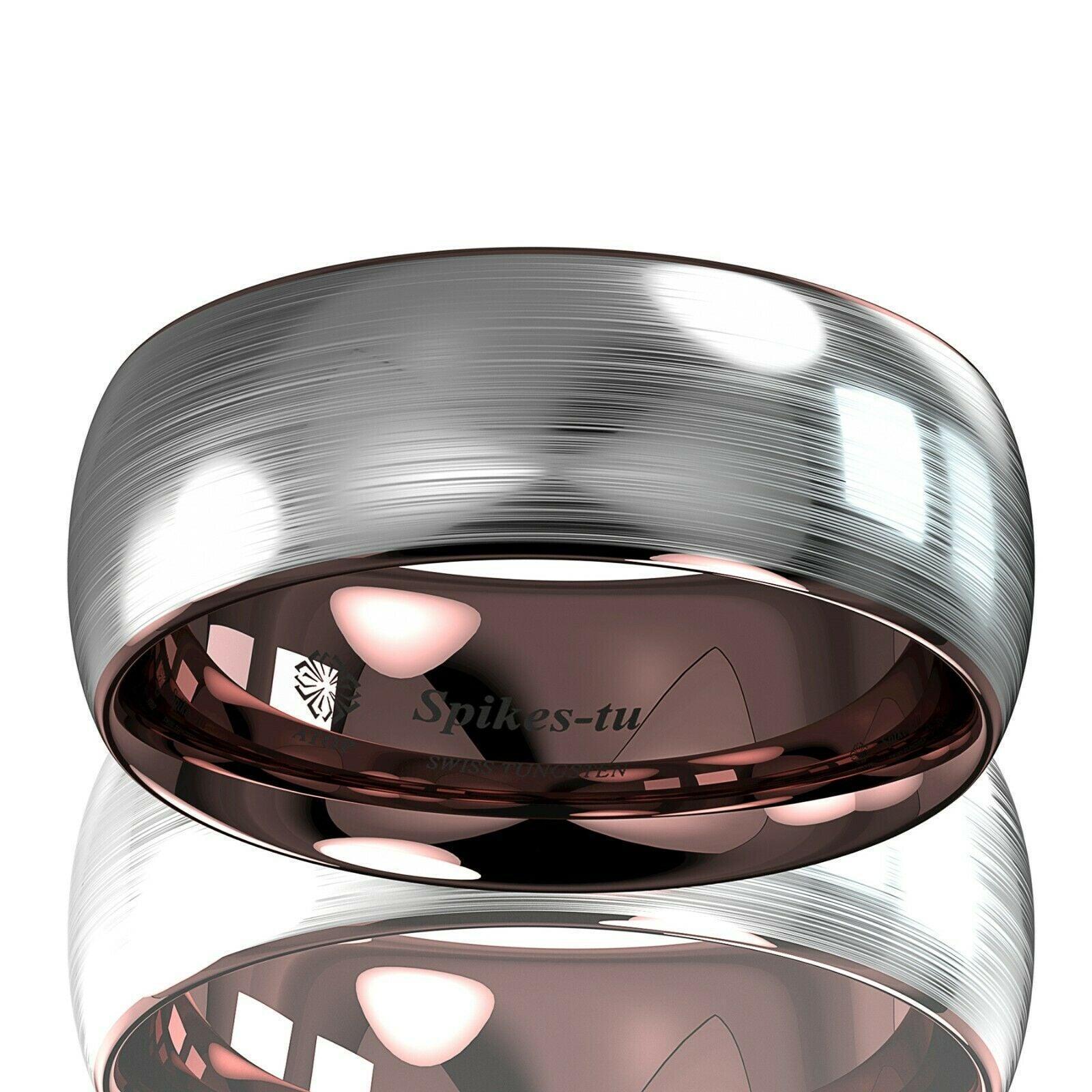Tungsten Rings for Men Wedding Bands for Him Womens Wedding Bands for Her 8mm Silver Brushed Rose Gold Inlay - Jewelry Store by Erik Rayo