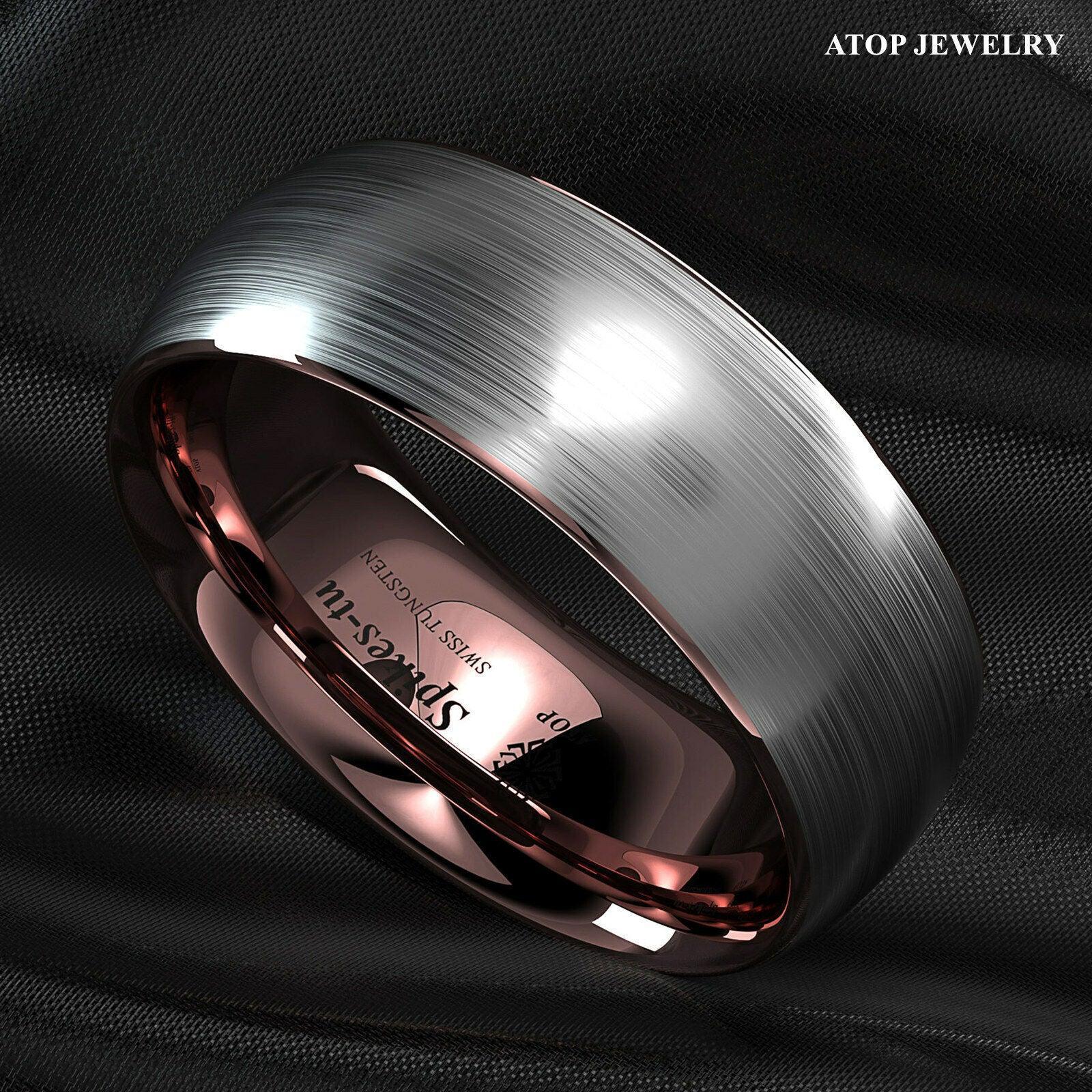 Tungsten Rings for Men Wedding Bands for Him Womens Wedding Bands for Her 8mm Silver Brushed Rose Gold Inlay - Jewelry Store by Erik Rayo