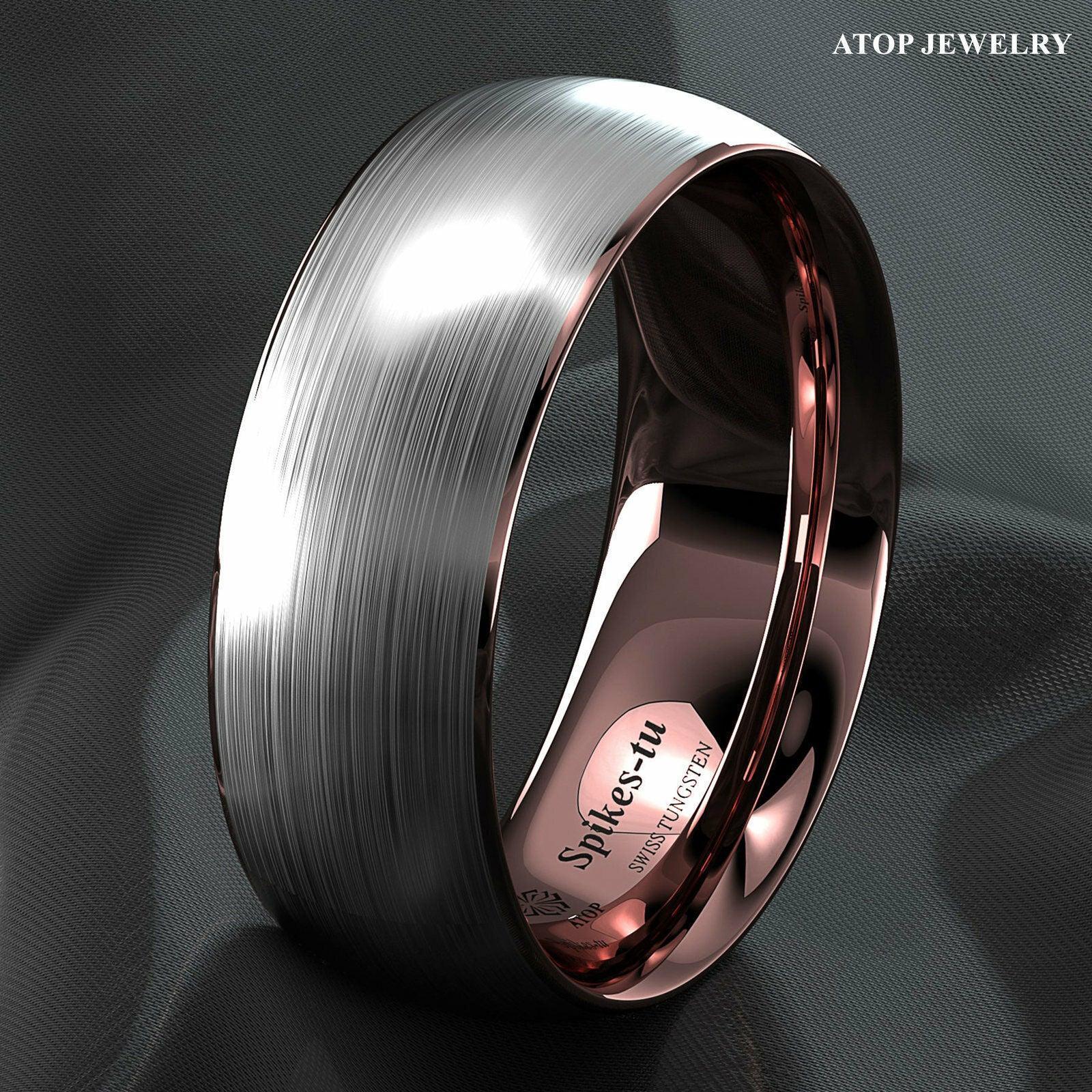 Tungsten Rings for Men Wedding Bands for Him Womens Wedding Bands for Her 8mm Silver Brushed Rose Gold Inlay - Jewelry Store by Erik Rayo