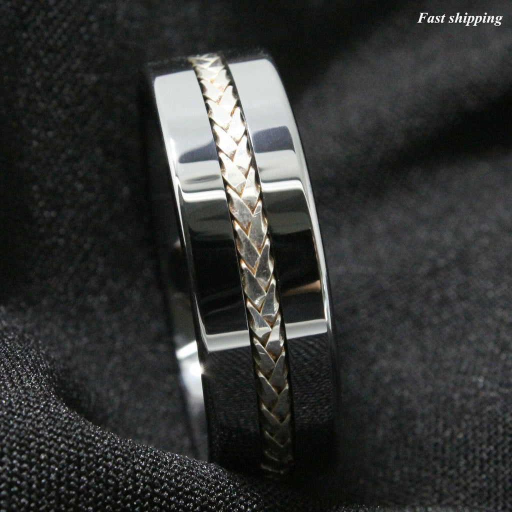 Tungsten Rings for Men Wedding Bands for Him Womens Wedding Bands for Her 8mm Silver Inlay Titanium Color - Jewelry Store by Erik Rayo