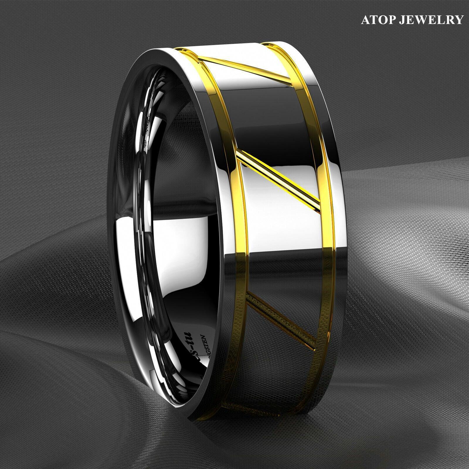 Tungsten Rings for Men Wedding Bands for Him Womens Wedding Bands for Her 8mm Silver Polish 18K Gold Line Inlay - Jewelry Store by Erik Rayo