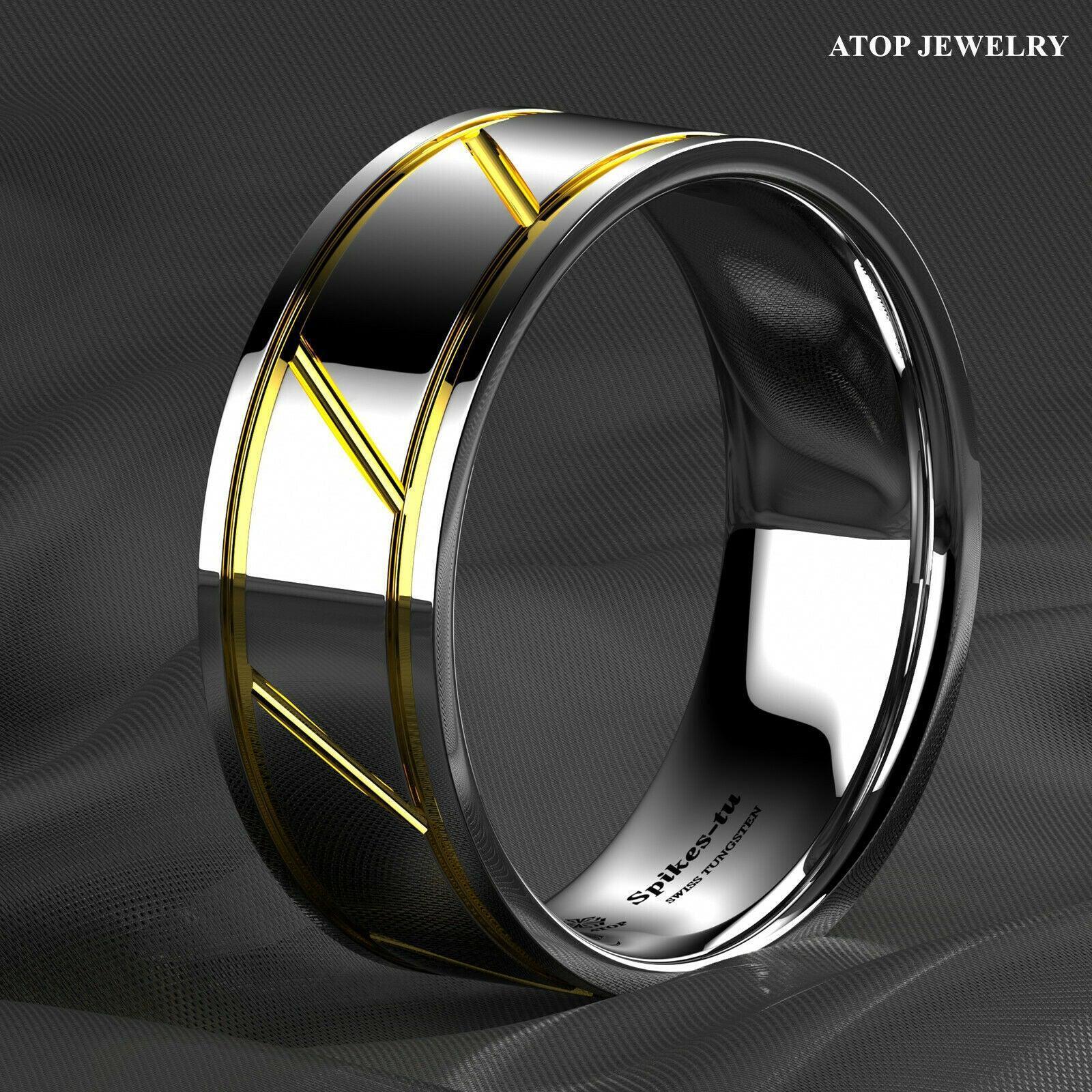 Tungsten Rings for Men Wedding Bands for Him Womens Wedding Bands for Her 8mm Silver Polish 18K Gold Line Inlay - Jewelry Store by Erik Rayo