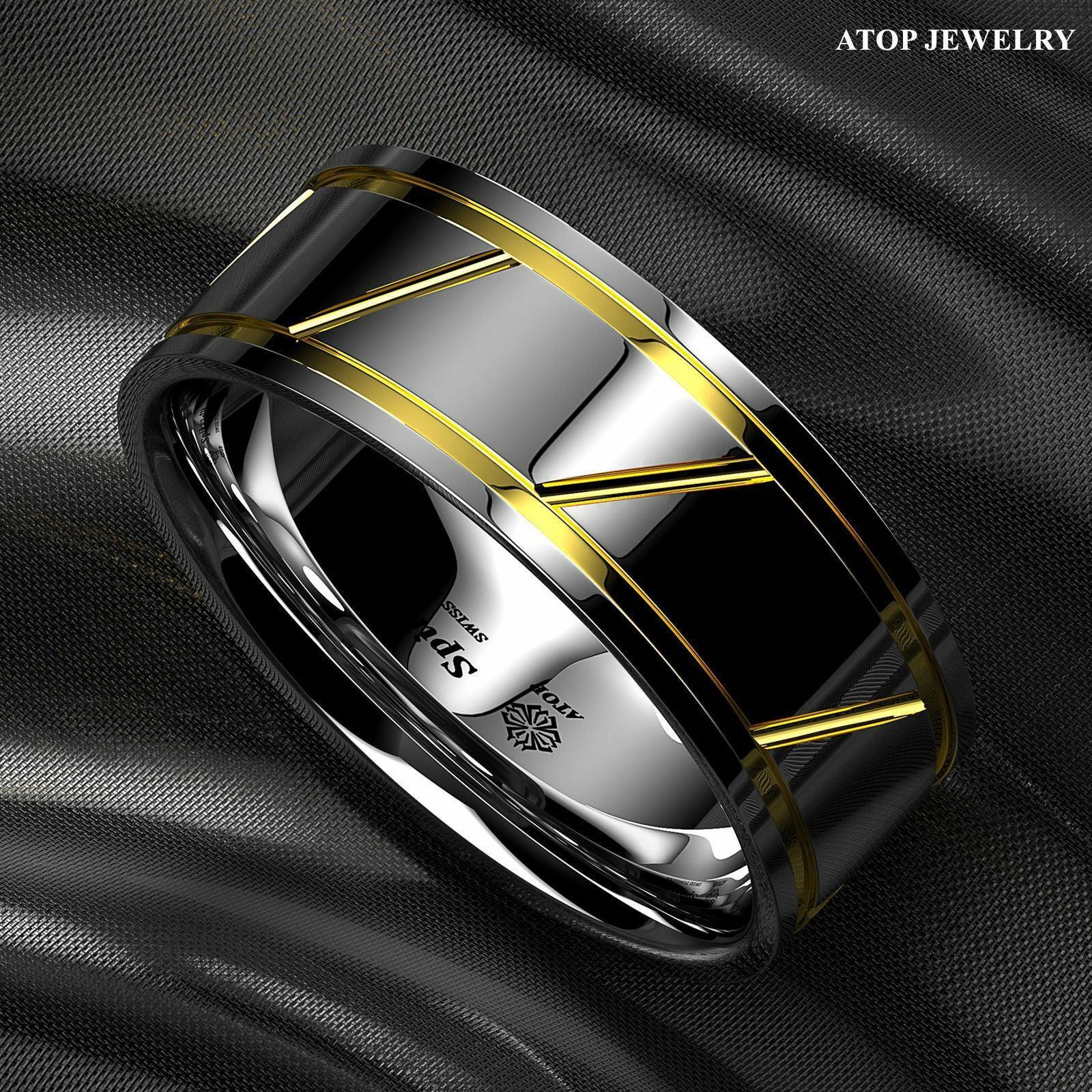 Tungsten Rings for Men Wedding Bands for Him Womens Wedding Bands for Her 8mm Silver Polish 18K Gold Line Inlay - Jewelry Store by Erik Rayo
