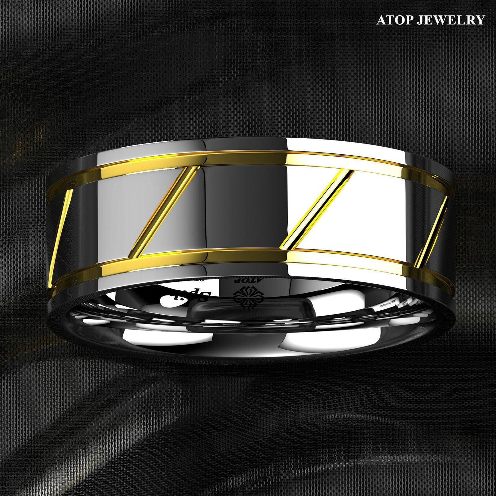 Tungsten Rings for Men Wedding Bands for Him Womens Wedding Bands for Her 8mm Silver Polish 18K Gold Line Inlay - Jewelry Store by Erik Rayo