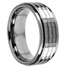 Load image into Gallery viewer, Tungsten Rings for Men Wedding Bands for Him Womens Wedding Bands for Her 8mm Silver Step Edge Hammered Center - Jewelry Store by Erik Rayo
