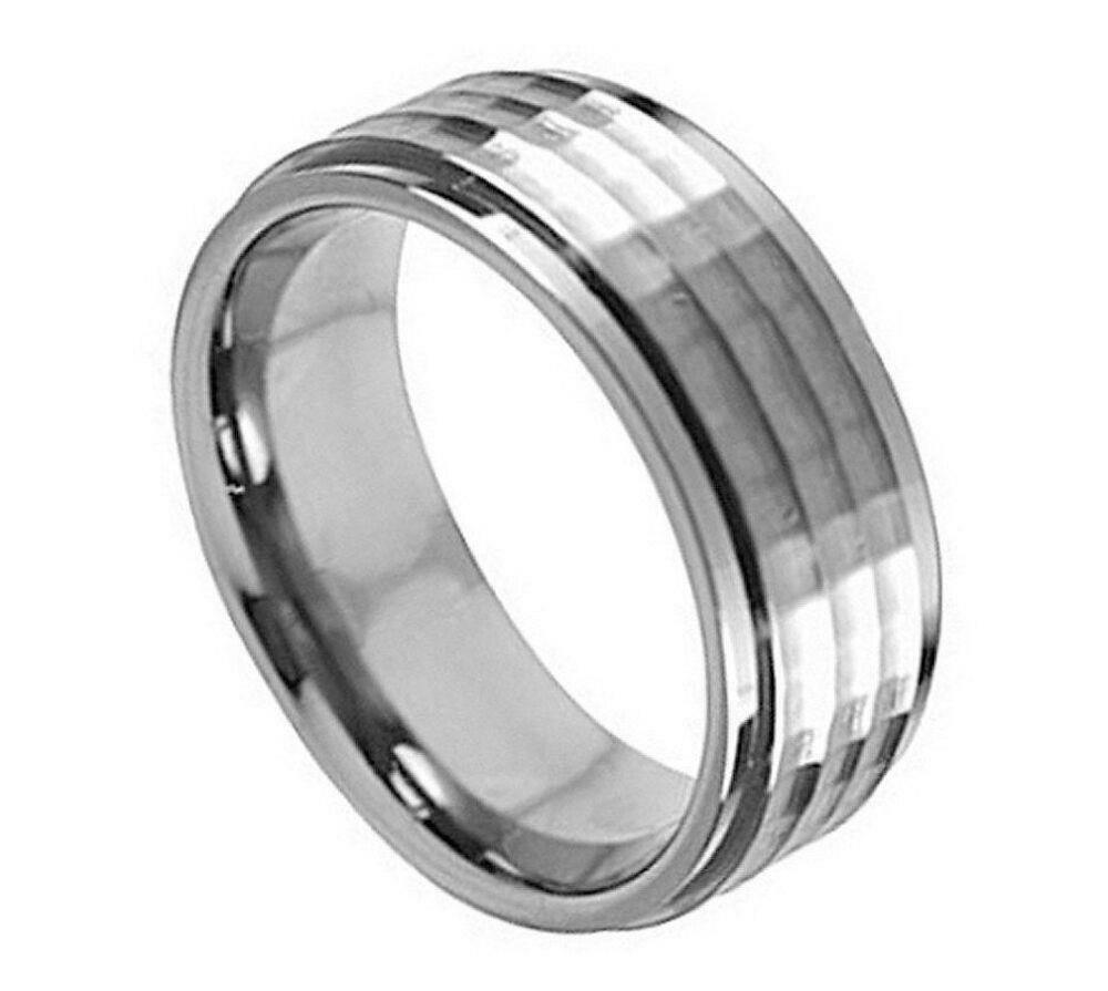 Tungsten Rings for Men Wedding Bands for Him Womens Wedding Bands for Her 8mm Silver Step Edge Hammered Center - Jewelry Store by Erik Rayo