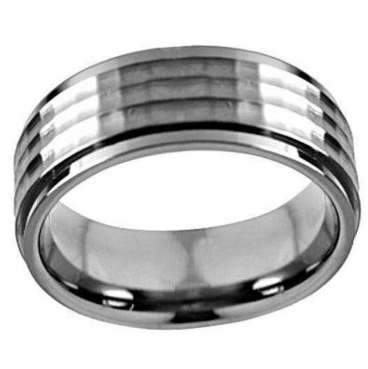 Tungsten Rings for Men Wedding Bands for Him Womens Wedding Bands for Her 8mm Silver Step Edge Hammered Center - Jewelry Store by Erik Rayo