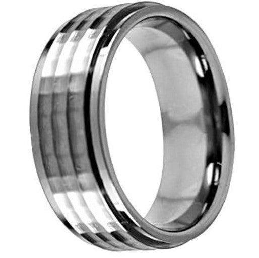 Tungsten Rings for Men Wedding Bands for Him Womens Wedding Bands for Her 8mm Silver Step Edge Hammered Center - Jewelry Store by Erik Rayo