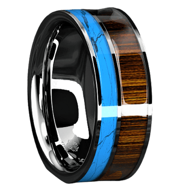 Men's Silver Turquoise & Koa Wood Wedding Band Ring - Men's Wedding Rings - Women's Wedding Rings